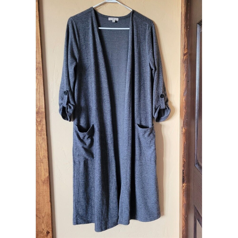 Gilli Women's Size Medium Gray Open Front Long Sweater Cardigan Duster Roll Tab